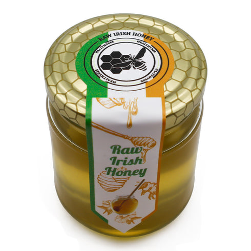 Jar of Raw Irish Honey with a gold lid and label on a white background | Healthy Bee Ireland